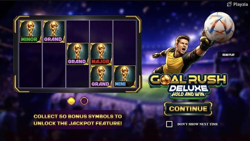 Goal Rush Deluxe - hlavní menu s válci a tribunami stadionu